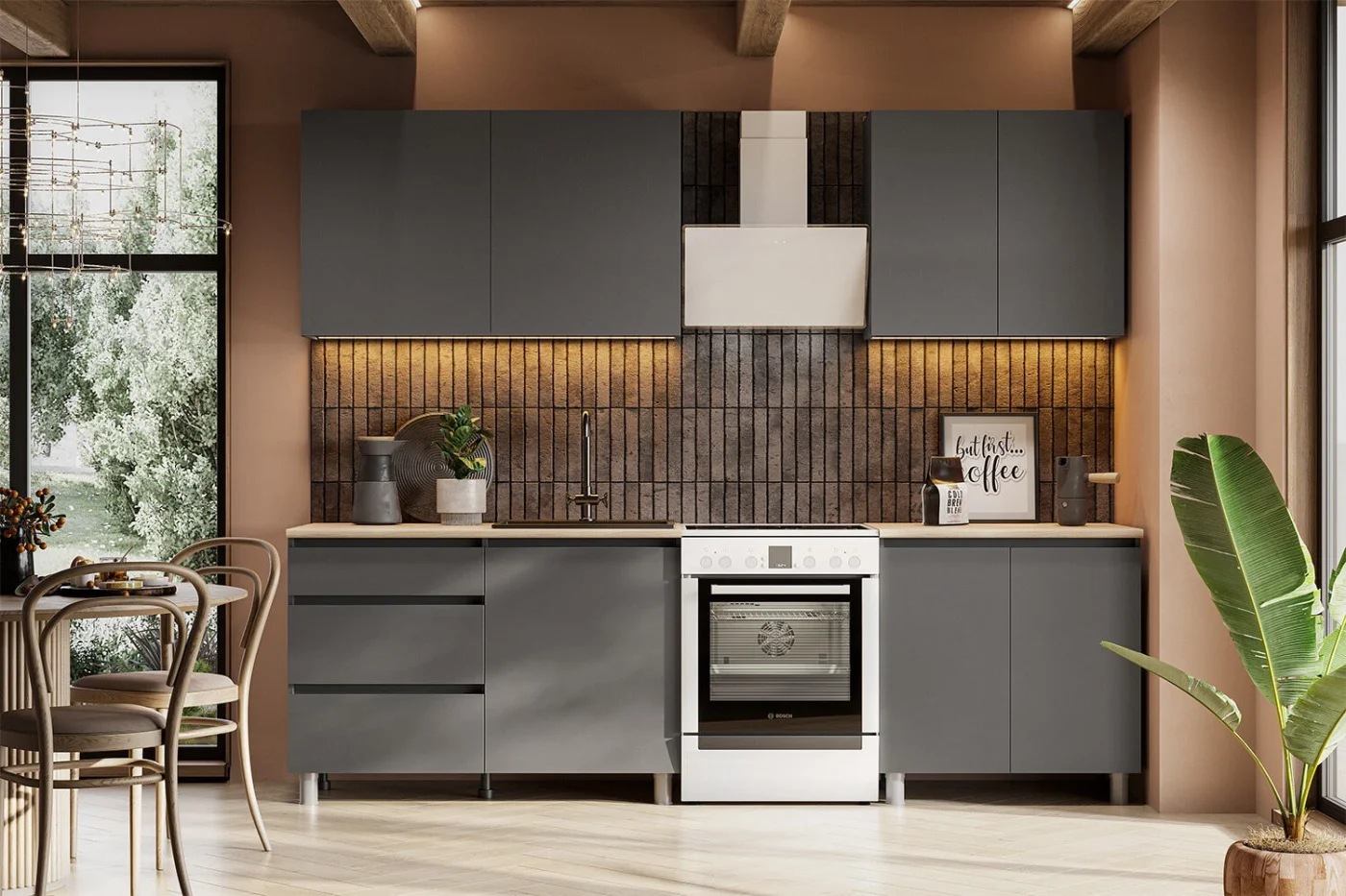 Кухонный гарнитур Hoff Денвер, 2 м, 200х216х60, цвет графит серый/дуб сонома